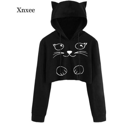 Cute Spring Autumn Women Crop Hooded Long Sleeve Cat Ears Printing Sweatshirt Hat Girls Casual Pullover Hoodies Clothing Tops