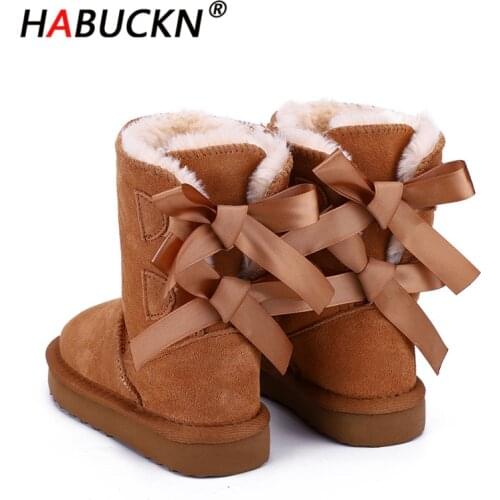 HABUCKN 2020 fashion High Quality Children winter snow boots genuine leather boots Lace up bow-knot boots kids cute Pretty shoes