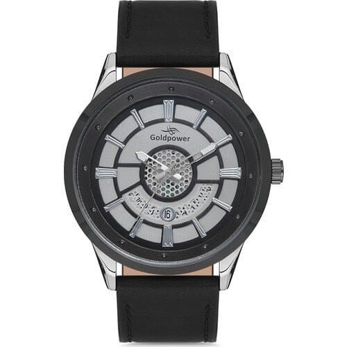 GoldPower Calendar Black Leather Cord Metal Silver-Antresit Dial Case Minarel Men Wristwatch Clock