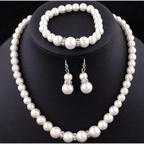 Classic Crystal Pearl Bridal Jewelry Sets Necklace Drop Earrings Bracelets Jewellery Sets For Women African Indian Earing Gift