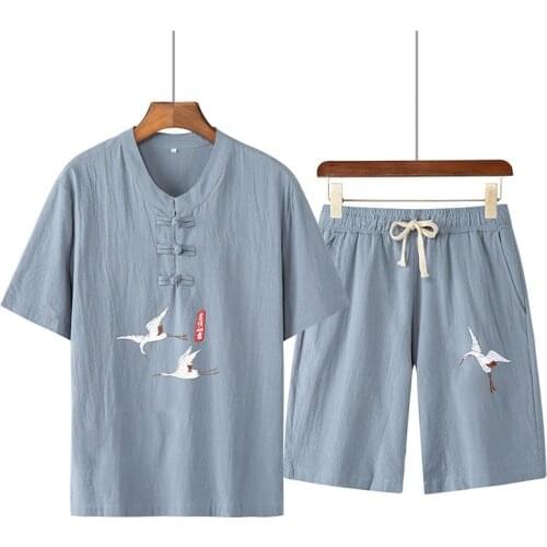 2Pcs Summer Chinese Traditional Short Sleeve Crane Embroidery Tai Chi Tang Suit Solid Casual Kung Fu Uniform Cotton Linen Outfit