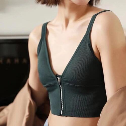 CHRLEISURE Front Zipper Crop Top Women Bralette Sports Tank Top Female Underwear Brassiere