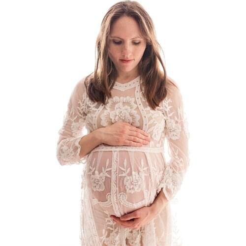 Boho Crochet Lace Maternity Photo Shooting Dress Full Sleeve Pregnancy Lace Photography Dress
