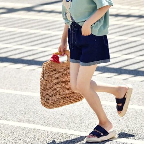 MICOCO N8799C Literary leisure soft comfortable elastic waist straight tube flanging printing cowboy shorts