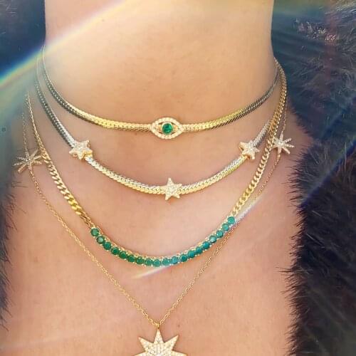 New Gold Color Iced Out Bling Green AAA CZ Zircon Lucky Evil Eye Choker Cuban Miami Link Chain Eyes Charm Necklace Women Jewelry