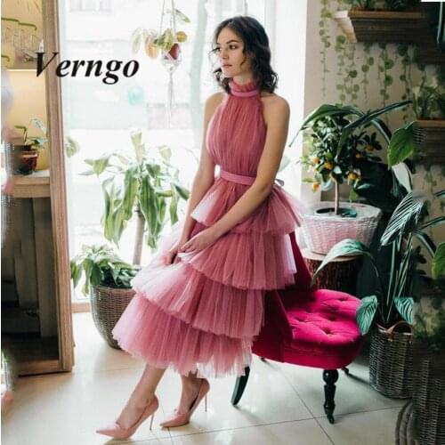 Verngo 2021 Wedding guest dress tulle a line high neck tea length sleeveless tiered maxi dress for women party bridesmaid gown
