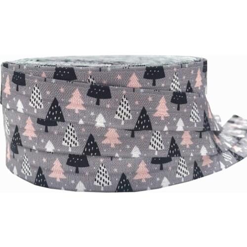 5Yards 16mm Grey Christmas Tree printed Fold Over Elastic Baby Headband Girls Hair ties Hair Accessories Craft Supply