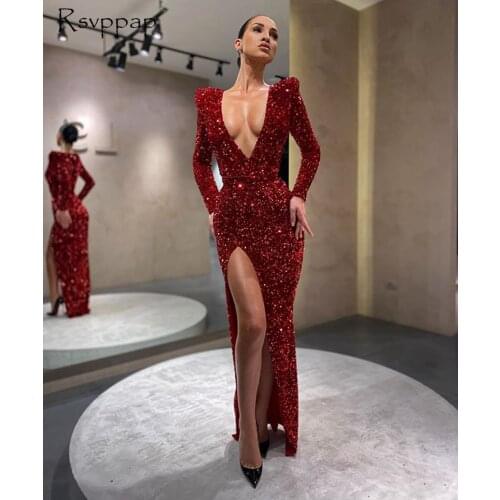 Sexy Skinny Women Red Evening Dress 2021 V-neck Long Sleeve High Slit Red Sequin Formal Evening Gowns