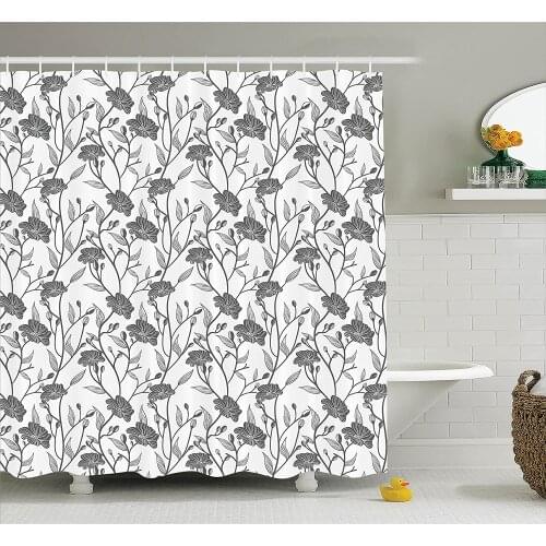 Grey Shower Curtain Modern Graphic of Flowers and Branches Simple Pure Light Patterns Chic Boho Art Deco Home Bath Curtains