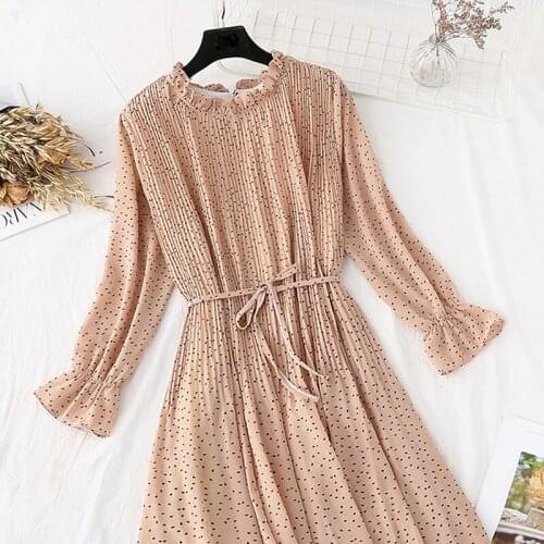 Chiffon Dress Female Spring 2020 New French Retro Dress Dot Casual Long Sleeve College Wind print Pleated Female Dress
