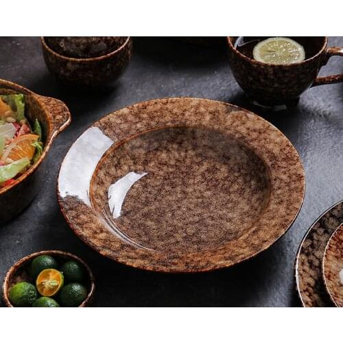 Chocolate Color Dinner Plate Ceramic Kitchen Dinnerware Plates And Bowls Oven Safe Household Retro Tableware Eco Friendly
