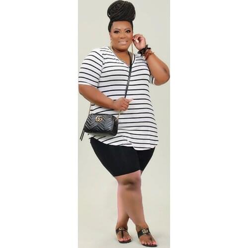 XL-5XL Plus Size Two Piece Set for Women Round Neck Short Sleeve Striped Loose Top and Slim Biker Short Female Loungewear Outfit