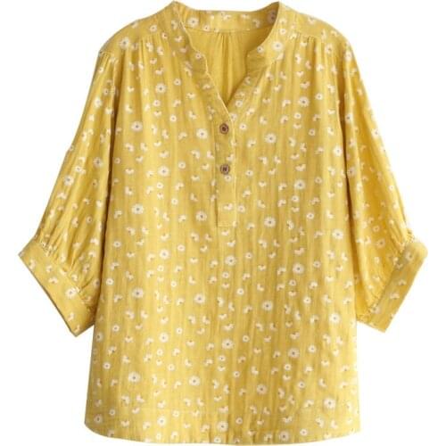 New Summer Women Blouse Short Sleeve Double Layer Cotton Print Loose Casual Pullover Stand Collar Shirt Women 2020