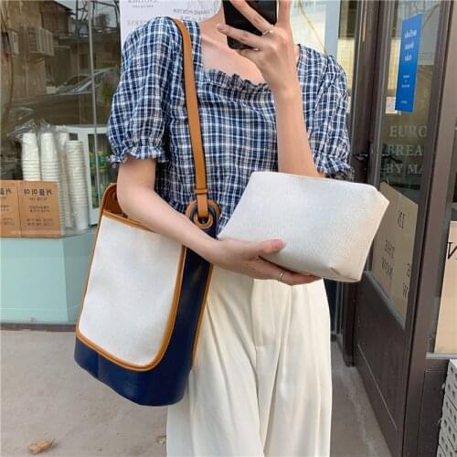 Korean Contrast canvas Bucket Bag for women Shoulder bags female handbag and purses large Capacity ladies composite bags bolsas