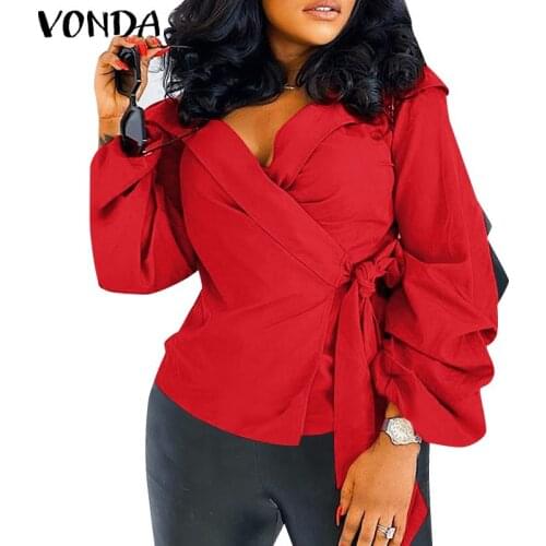 Women Elegant Office Shirts 2021 VONDA Spring Long Sleeve Belted Blouse Deep V Neck Sexy Tunic Tops Blusas Femininas Plus Size