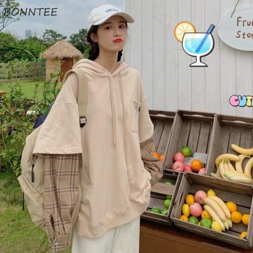 Hoodies Women Ins Chic Fake Two Pieces Ulzzang Spring New Lady Tops Soft Casual Trendy Preppy All-match Womens Hoodie Pullover