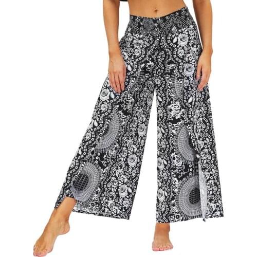2021 Womens Palazzo Casual Yoga Pants，Slit Wide Leg Pants Casual Beach Boho Vintage Hippie Bohemian Pilate