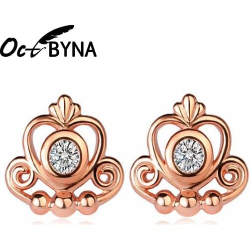 Octbyna Rose Gold Silver Color Crown Stud Earrings for Women Clear CZ Heart Romantic Fine Earrings Female Wedding Jewelry