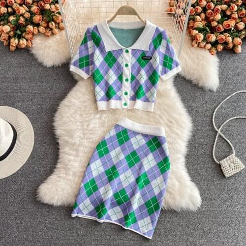2021 Summer New Female Korean College Style Polo Knitted Plaid Short Crop Tops + All-match Bag Hip Skirt Knitted Two-piece Suit