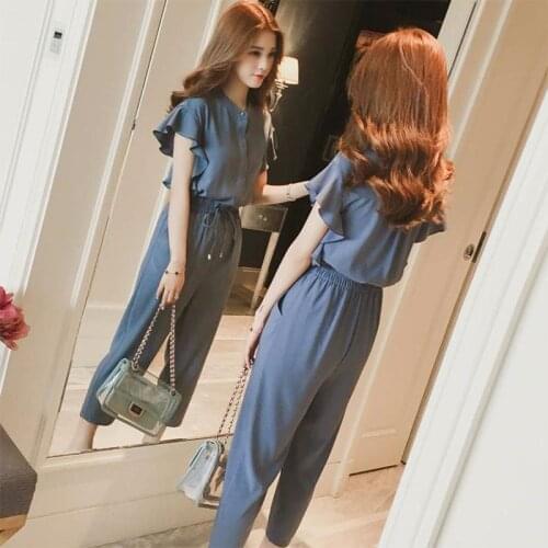 2021 Women Spring Summer Vintage 2 Pcs Set Female O Neck Short Sleeve Shirt + Lace Up Harem Pant Suit Lady Casual Solid Set D579
