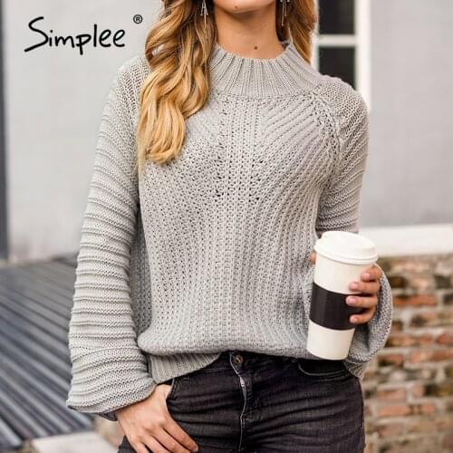 Simplee solid lantern sleeve knitted sweater women autumn winter 2020 green jumper plus size sweaters knitwear pullovers sweater