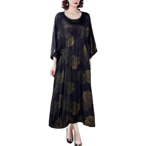 2021 National Print Dress Loose Scoop Neck Faux Silk Maxi Dress For Women Layered Ethnic Floral Printed Dresses Autumn FC661