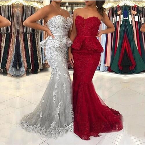 E JUE SHUNG Burgundy Lace Mermaid Evening Dresses Long Sweetheart Lace Up Back Peplum Long Prom Dresses Formal Dresses