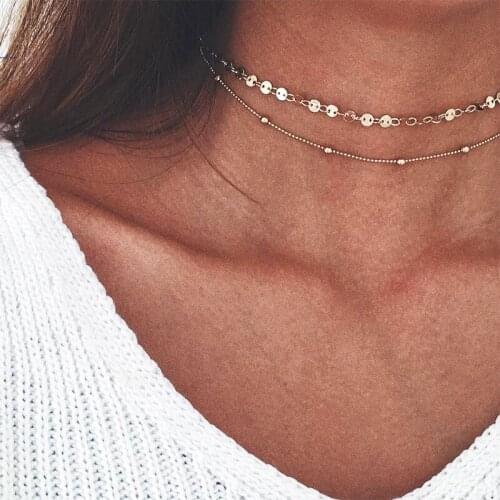 2 Pcs/Set Fashion Women Necklace Round Beaded Chain Multilayer Gold Silver Color Necklace Set Female Simple Summer Party Jewelry