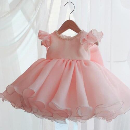 2021 Pink Chlid Dress Beading First Birthday Dress For Baby Girl Ceremony Ball Gown Bow Princess Dress Wedding Party Dresses