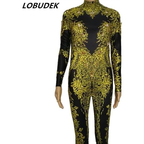 Gold Silvery 3D Printing Jumpsuit Sparkly Crystal stones Bodysuit Jazz Dance Teams Stage Outfit Bar Singer Party Dance Wear