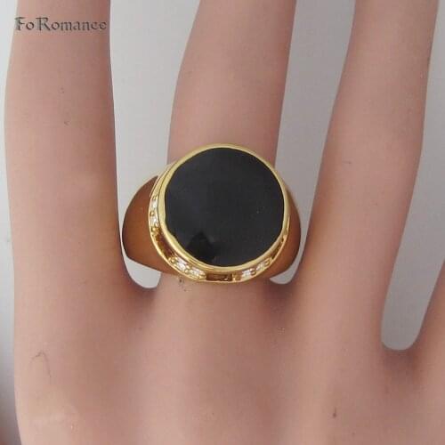 FoRomance / YELLOW GOLD OVERLAY FILLED WITH BRASS GP ROUND FACE BLACK ENAMEL SHINNING CZ STONE DECORATED SIZE 7 8 10 11