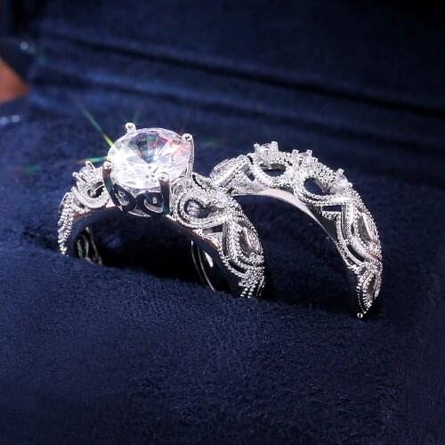 JK 2PC Solitare Engagement Couple Ring Sets Fashion Hollow Band Luxury Pattern Design With Super Brilliant Crystal Stone