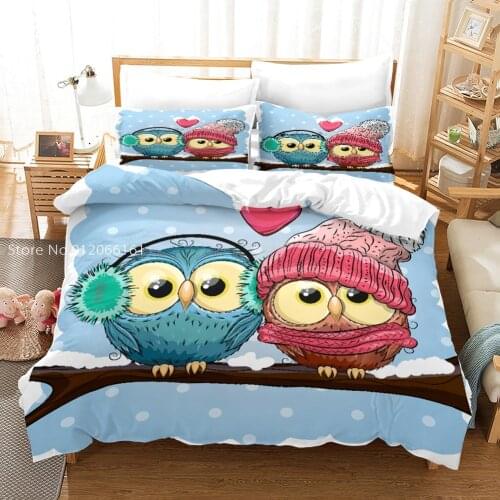 Lovely Owl Duvet Cover Cartoons Bedding Set 3D Print Beautiful Girls Cartoon Comfortable Double Bed Set Bed Quilt Single Queen