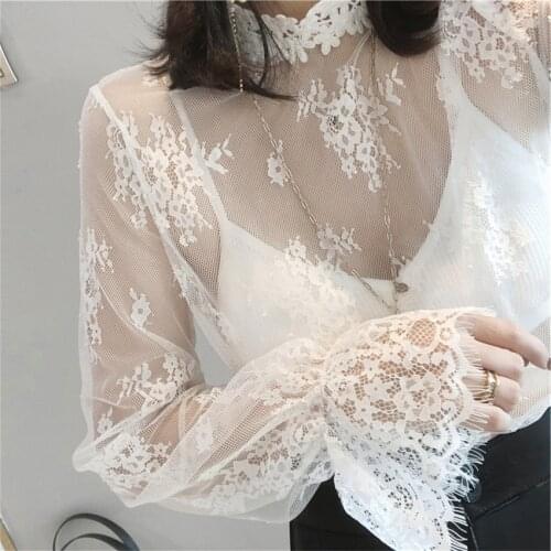Korean Fashion Elegant Lace Blouse Spring Summer Thin UnderShirt Tops Women Long Sleeve Sheer See Through Blouses Shirt Blusa