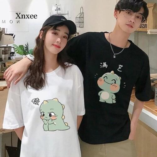 Summer Little Dinosaur Print Couples Short Sleeve Cute T-Shirt New Casual Unisex Women Clothing Lovely Cartoon Print Top Man Tee