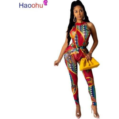 HAOOHU 2020 Summer Women Set Tracksuits Print Mesh Perspective Bodysuits+Pants Suit Sexy Night Club Party Two Piece Outfits