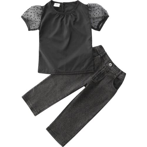 Fashion Baby Girls 2Pcs Outfits Solid Puff Sleeve T-shirt Tops+Denim Long Pants Summer Casual Clothes Set 1-6Y
