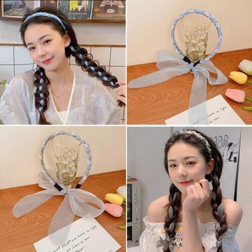 Tulle Pearl Bowknot Headband Fashion Girl Pearl Rhinestone Braided Long Ribbon Hair Band Popular Chiffon Hair Hoop New Headdress