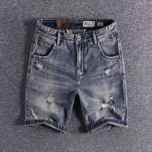 2020 new arrival summer hot sale youth middle shorts fit straight tube ins holes mens Denim Shorts 5-point trouser 0199