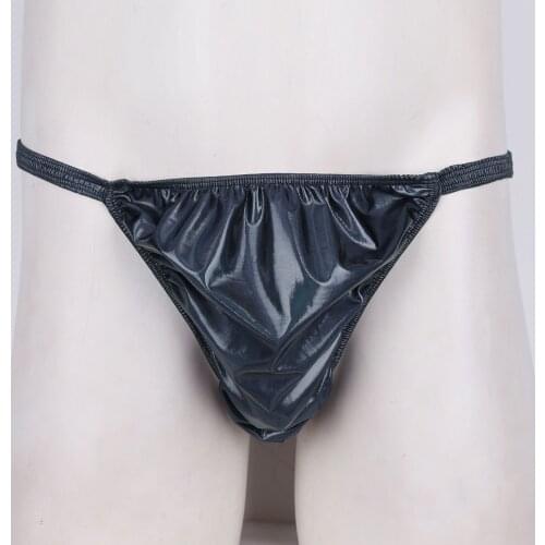 Bikini Men briefs Navy Blue Faux Leather Sexy underwear male Intimates Shiny Ruched High Cut Low Rise Triangle Brief Underpants