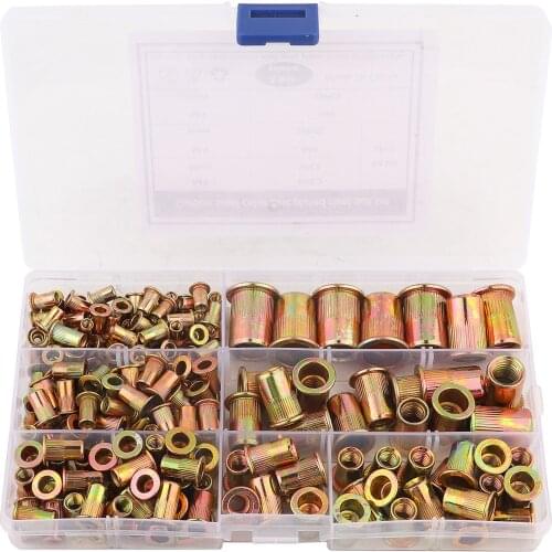 190Pcs Carbon Steel Rivet Nuts M3-M12 Flat Head Rivet Nuts Set Assortment Kit Multi Sizes Nuts Insert Riveting Repair Tools