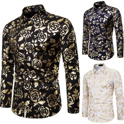 Long Sleeve Dress Shirt Wedding Party Slim Stage Performance Singer Shirts 2020 Men Autumn Bronzing Flower Golden Rose Printed