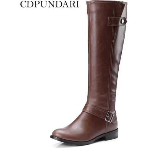 CDPUNDARI Black Brown PU Low heels Knee High Boots Women Autumn Winter Long Boots Shoes Woman Botas Mujer Bottine Femme