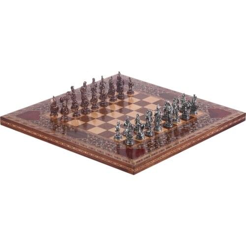 Antique Copper Troy Figures Metal Chess Set Adults Kids, Handmade Pieces, natural Solid Wooden Chess Board Small Size King 5cm