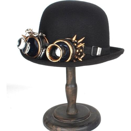 Wool Black Steampunk Bowler Hat Women Men Fedora Hat Steampunk Hat With Gear Glasses Top Hat Fedora Magician Billycock Groom Hat