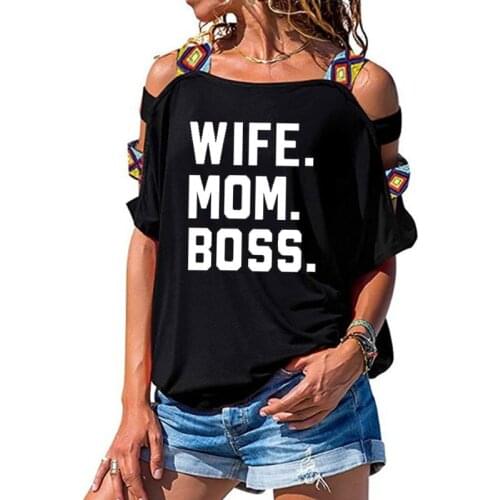 WIFE MOM BOSS Letters Print Women tshirt Cotton Casual Funny t shirt For Lady Girl Short Sleeve Sexy Hollow Out Shoulder Top Tee