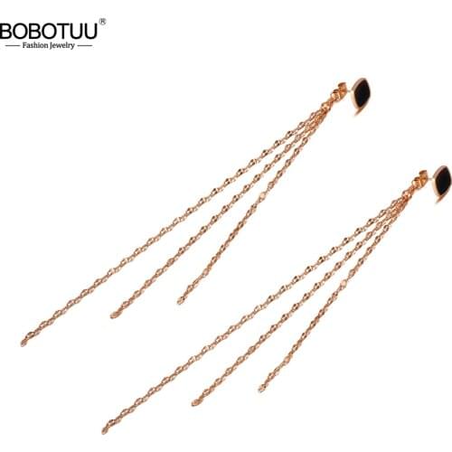 BOBOTUU Original Bohemia Long Tassel Dangle Earrings Stainless Steel Trendy Square Acrylic Earrings Jewelry For Women BE20108