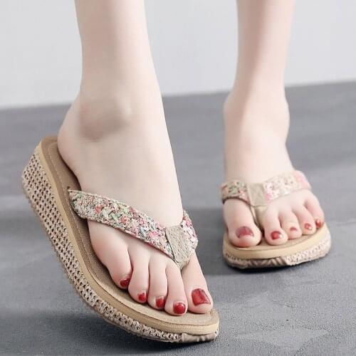 5cm High Heel Womens Summer New Wedge Sandals Slip-on Wear Thick Bottom Seaside Non-slip Beach Shoes Middle Heel Flip-flops