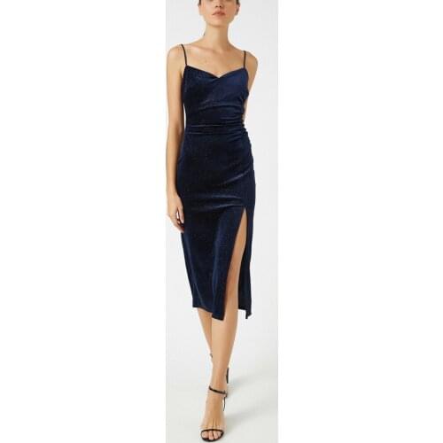 Strappy Velvet Slit Dress Navy Blue Color new season women chic fashion party dress