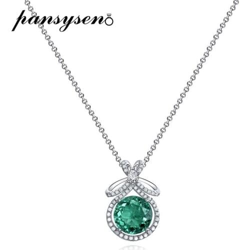 PANSYSEN Solid Silver 925 Jewelry 10MM Round Cut Emerald Created Moissanite Pendant Necklaces for Women Fine Jewelry Wholesale